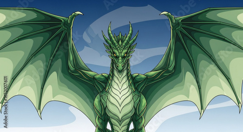 Majestic green dragon with wings spread wide against a cloudy sky, fantasy illustration