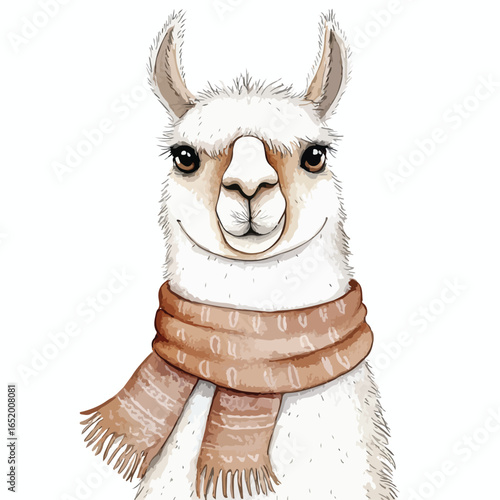 Smiling White Llama Portrait with Brown Scarf and Expressive Eyes