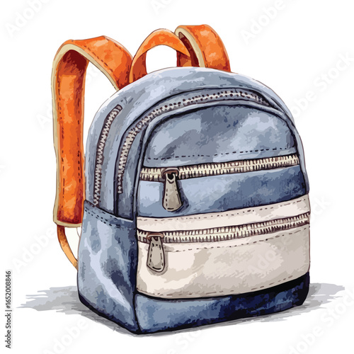 Stylish Blue Backpack with Orange Straps and Three Zippered Compartments