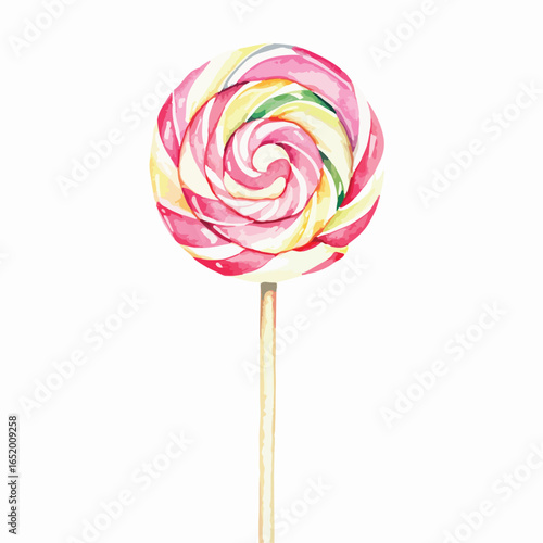 Swirled lollipop with pink yellow and green hues on a light brown stick