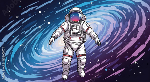 An astronaut in a spacesuit floats in front of a swirling galaxy with stars and nebulae