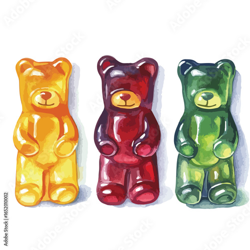 Three Colorful Gummy Bears with Distinct Shades and Shadows Watercolor Style