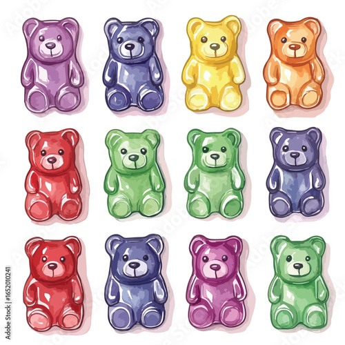 Twelve Colorful Gummy Bears in a Grid Pattern with Watercolor Texture and Soft Shadows
