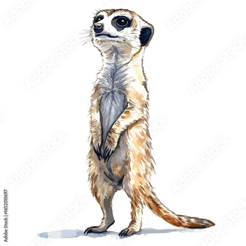 Upright Meerkat with Detailed Fur and Curious Gaze Watercolor Illustration