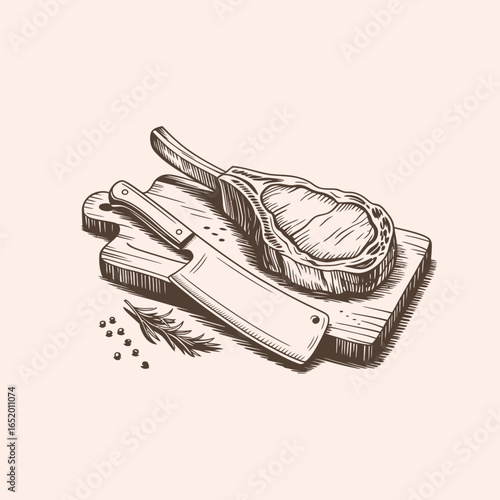 Hand drawn illustration of a raw steak with a butcher knife on a wooden cutting board