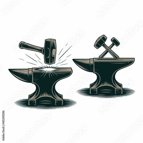 Blacksmith anvils and hammers illustration with sparks