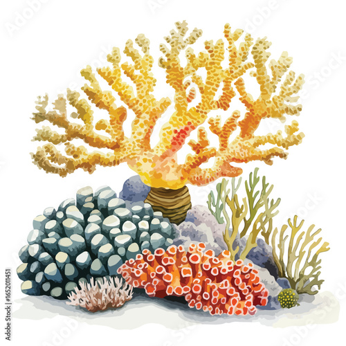 Vibrant Coral Reef Ecosystem Displayed in Watercolor Style