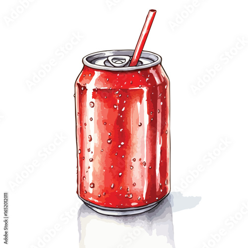 Vibrant Red Soda Can with Straw Detailed Illustration