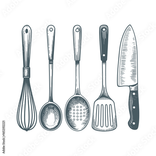 Vintage kitchen utensils collection including whisk ladle spatula and knife