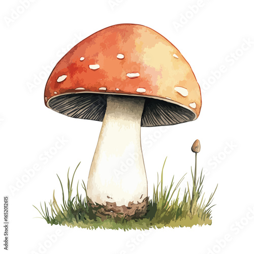 Vibrant Watercolor Illustration of a Poisonous Fly Agaric Mushroom in Grass
