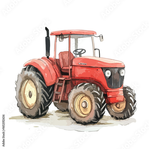 Vibrant Watercolor Illustration of a Red Farm Tractor