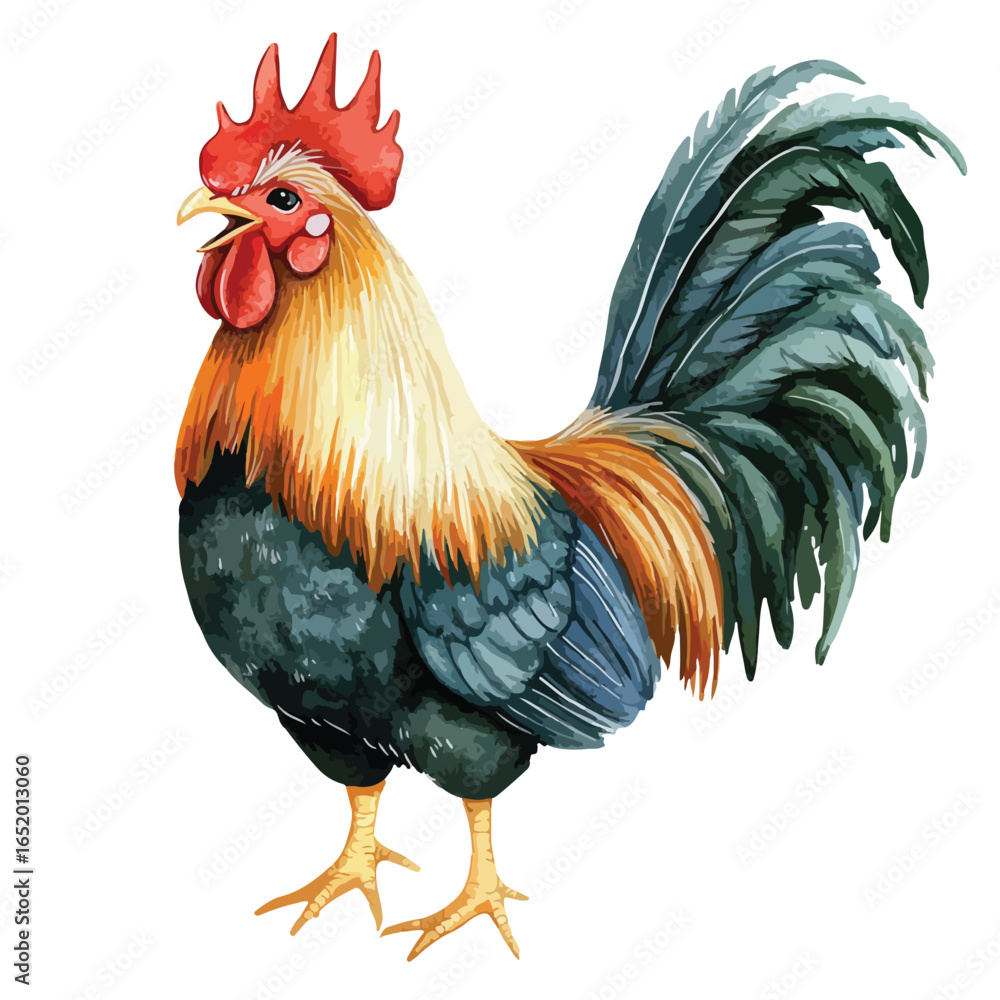 Fototapeta premium Vibrant Watercolor Rooster with Detailed Feathers and Proud Posture