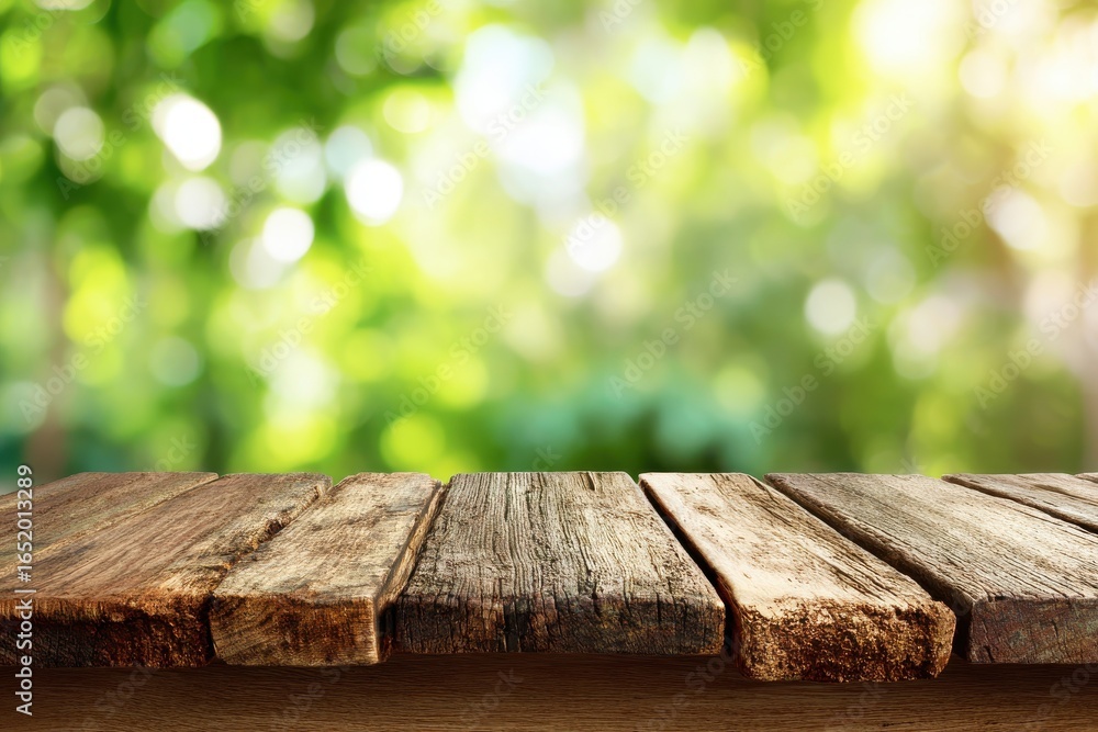 Rustic wooden table surrounded by lush greenery, evoking spring and summer ambiance, ideal for outdoor dining ideas or garden decor inspiration Rustic wooden table surrounded by lush greenery, evoking spring and summer ambiance, ideal for outdoor dining ideas or garden decor inspiration