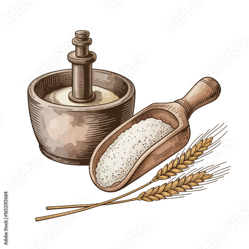 Vintage illustration of wheat flour in a wooden scoop with wheat stalks and a mortar