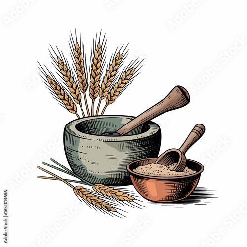 Wheat grain in mortar and pestle with bowl of flour and wheat stalks