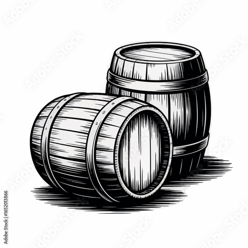 Two vintage wooden barrels in a rustic sketch style