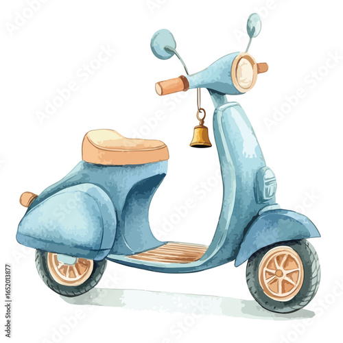 Vintage Blue Scooter with Golden Bell and Tan Seat Watercolor Style