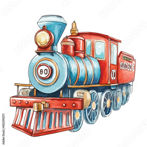 Vintage Red and Blue Watercolor Steam Locomotive Illustration