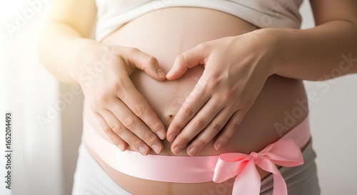 Wallpaper Mural Expectant mother showing love for her unborn baby girl with a heart-shaped hand gesture on her pregnant belly wrapped in a pink ribbon. Torontodigital.ca