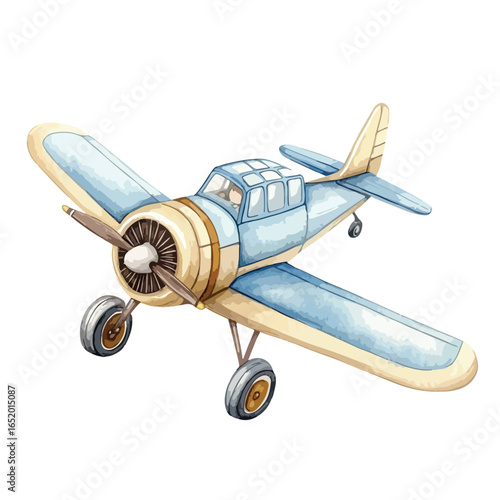 Watercolor Airplane with Blue Wings and Detailed Propeller Side View