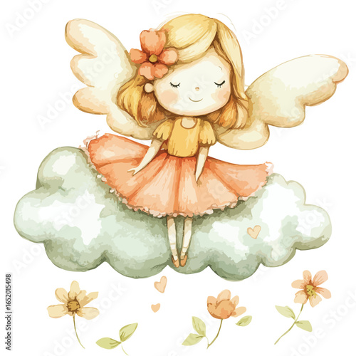 Watercolor Angel Girl with Peach Flower Crown Sitting on a Cloud
