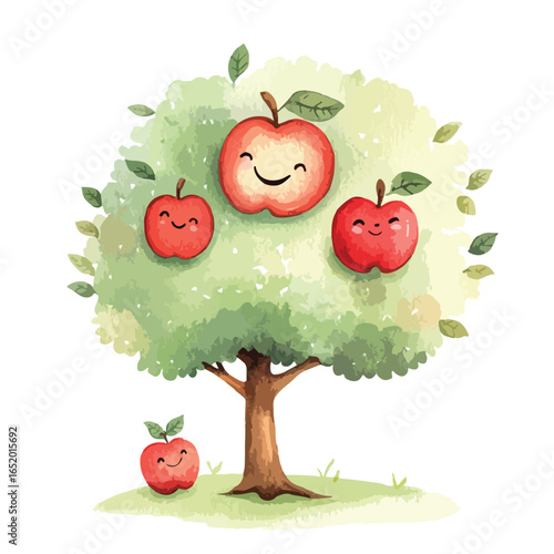 Watercolor Apple Tree with Happy Apples