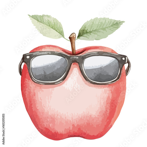 Watercolor Apple Wearing Sunglasses with Leaves