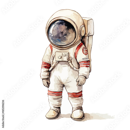 Watercolor Astronaut Illustration with Red Accents and Detailed Visor Reflection