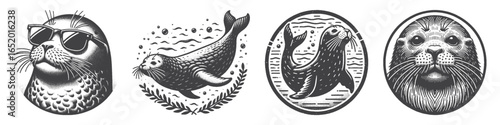 Vintage Hand-Drawn Seal Illustration, Swimming Pose Engraved Vector for Marine Theme and T-Shirt Design