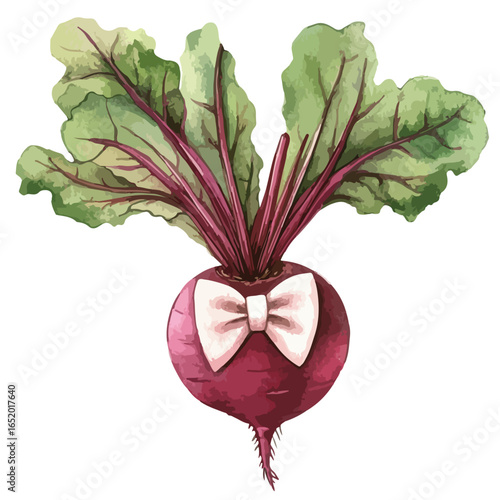 Watercolor Beetroot with Bowtie Featuring Lush Green Leaves and Purple Veins