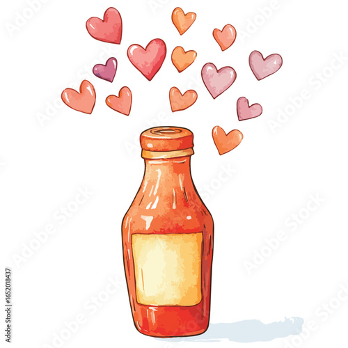 Watercolor Bottle Releasing Hearts Symbolizing Love and Affection