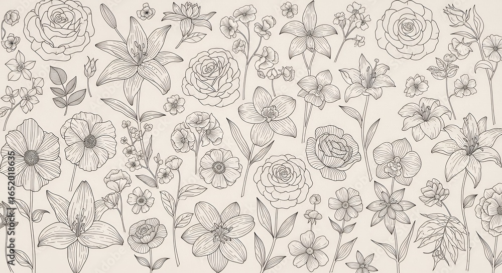 Fototapeta premium Hand Drawn Detailed Black and White Floral Pattern on Light Background for Design