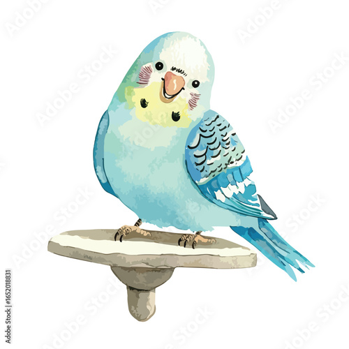 Watercolor Budgie Perched on a Stand with a Playful Smiling Expression