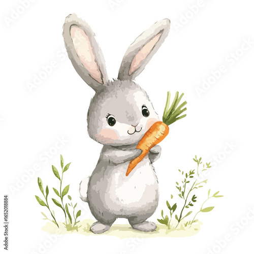 Watercolor Bunny Holding a Carrot with Green Sprouts Adorable Illustration