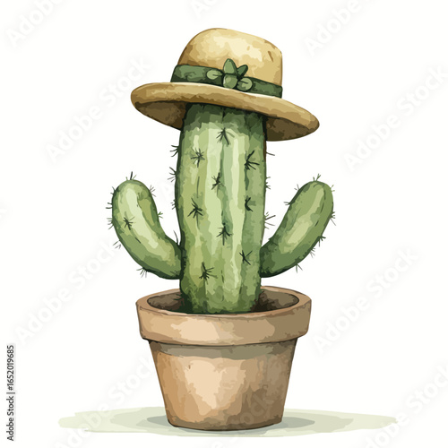 Watercolor Cactus Wearing a Stylish Hat Potted and Ready for Summer