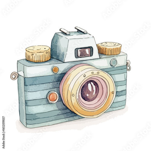 Watercolor Camera with Detailed Lens and Unique Design Elements