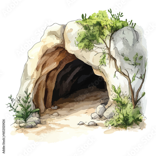 Watercolor Cave Entrance with Lush Greenery and Rocks