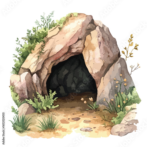 Watercolor Cave Entrance with Lush Greenery and Sandy Pathway