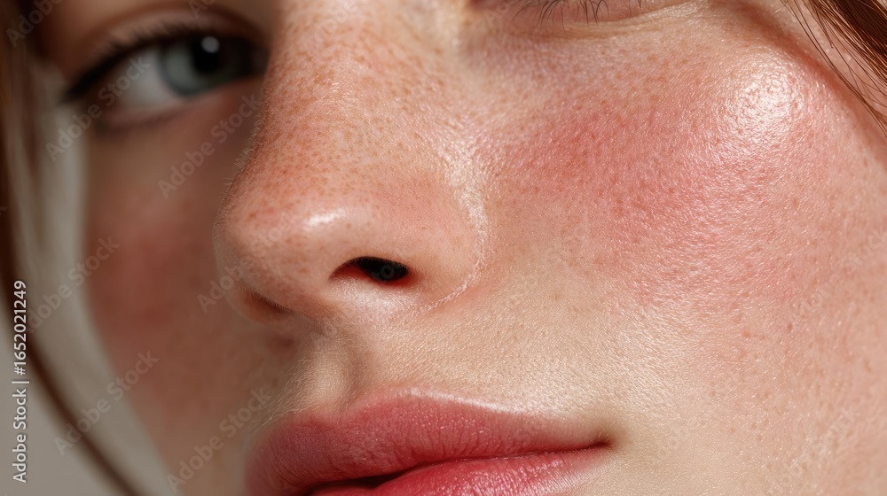Fototapeta premium Puffy swelling on skin and model concept. Close-up of a young woman's face showcasing natural beauty.