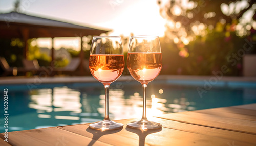 Two Wine Glasses Beside Swimming Pool With Sunlight And Tree In The Evening