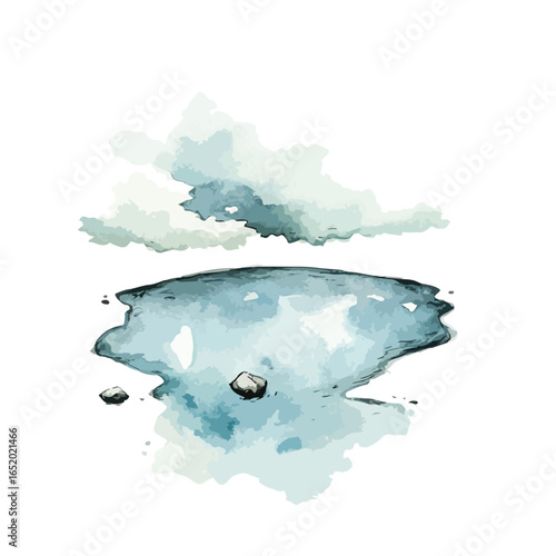Watercolor Cloud Above a Puddle with Rocks Soft Blue and Gray Tones