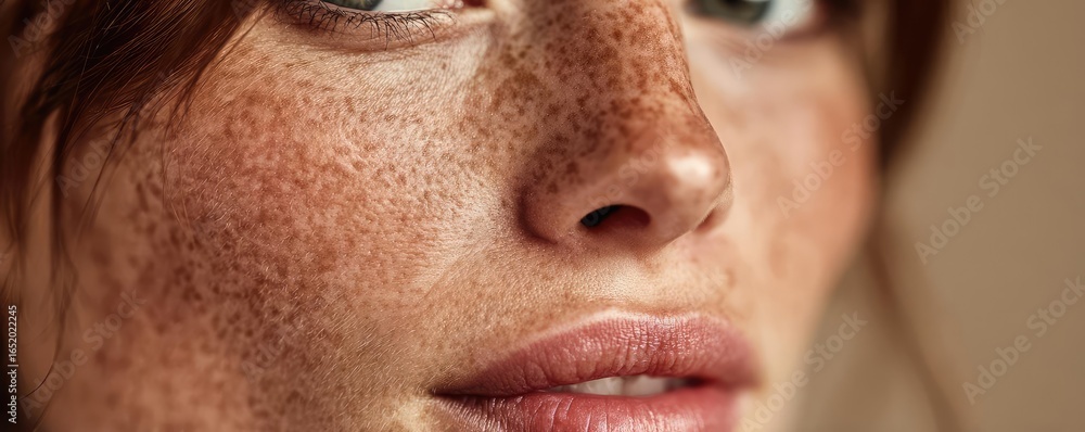 Obraz premium Puffy cheeks under circles and skin concept. Close-up portrait showcasing natural beauty and freckles.