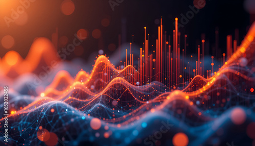 Dynamic digital data streams flowing with vibrant orange and blue abstract lines and glowing bokeh effects