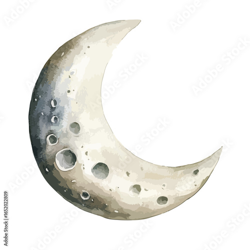 Watercolor Crescent Moon with Detailed Craters and Subtle Shading