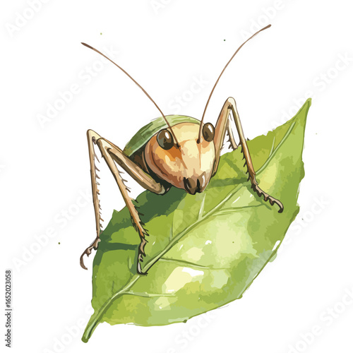 Watercolor Cricket Perched on a Vibrant Green Leaf Detailed Illustration
