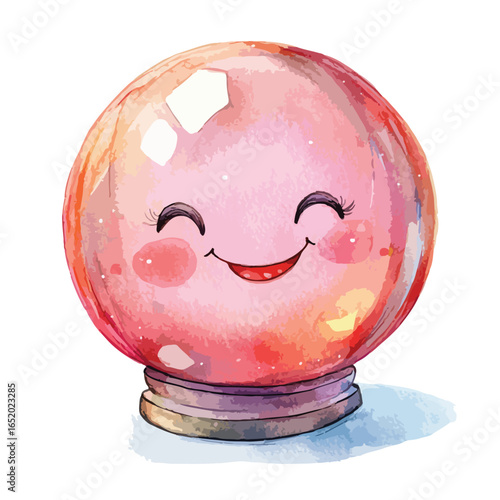 Watercolor Crystal Ball with Smiling Face and Eyelashes Cheerful Expression