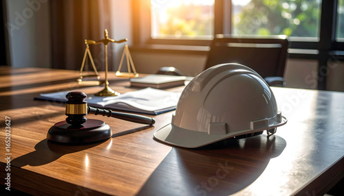 Construction Workplace Setting Featuring a Protective Hard Hat alongside Legal Scales and a Gavel on a Polished Wooden Desk in Natural Light