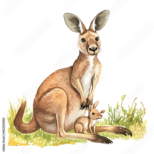 Watercolor Depiction of a Mother Kangaroo with Her Joey in the Grass