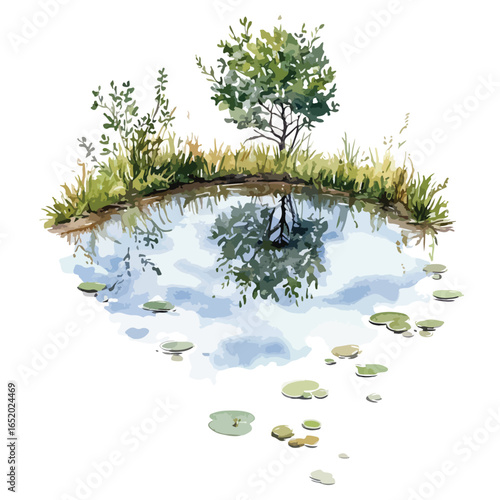 Watercolor depiction of a serene pond with reflections and lily pads