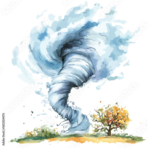 Watercolor depiction of a powerful tornado with a tree and grass